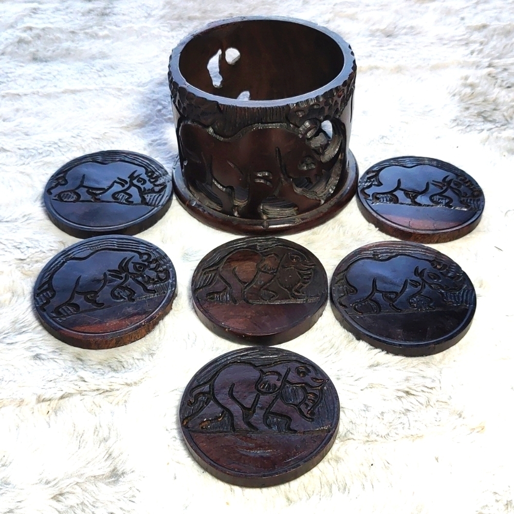 Safari Decor African Carved Dark Wood Coaster Set of 7 Pieces